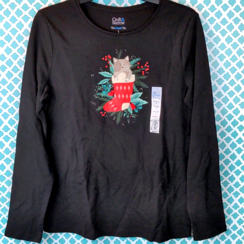 Croft and Barrow Christmas Kitty Cat T-shirt